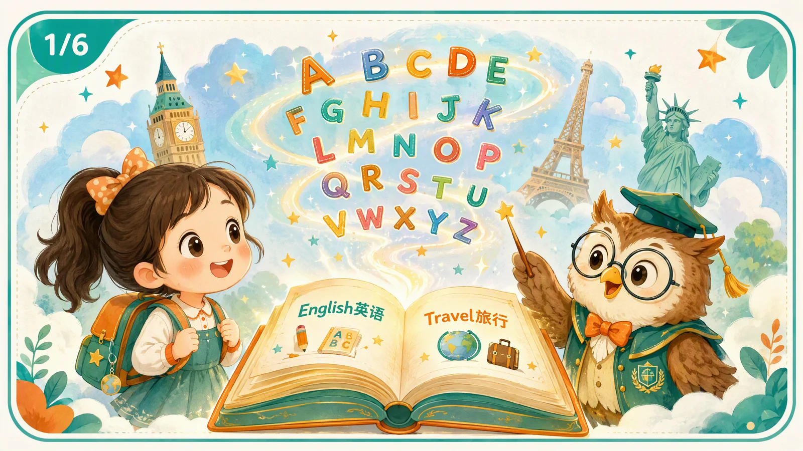 英语启蒙总览——小女孩站在魔法书前，26个字母和世界地标飞出