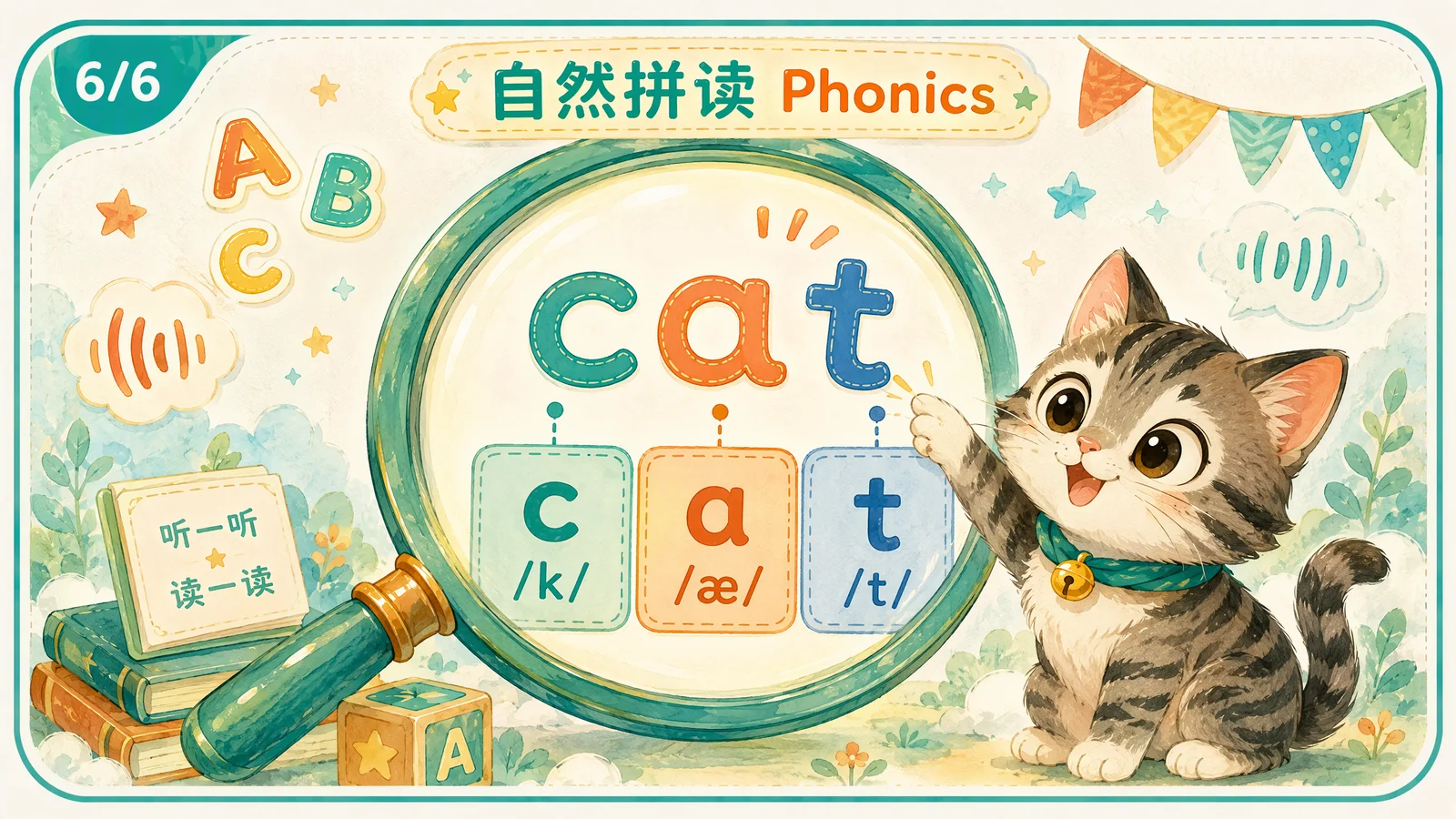 自然拼读概念——放大镜下cat三个字母的发音分解