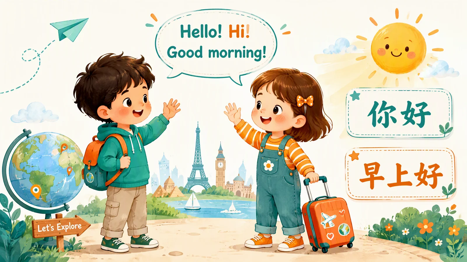 打招呼场景——两个小朋友说Hello/Hi/Good morning