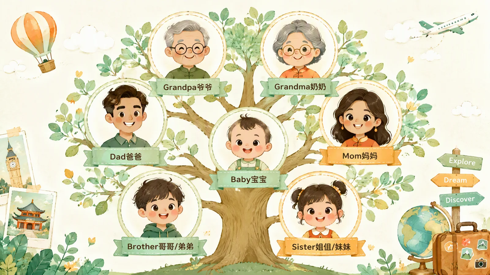 家庭成员——家谱树上标注Dad/Mom/Brother等