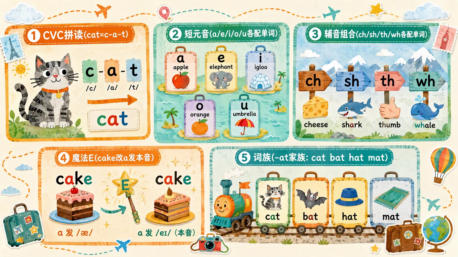 自然拼读五大规则——CVC、短元音、辅音组合、魔法E、词族