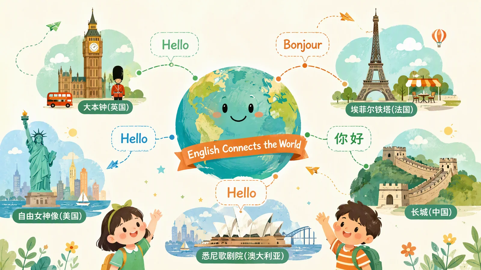 英语与世界——地球仪周围各国地标